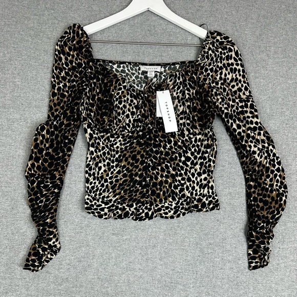 Topshop Blouse Womens US 4 UK 8 Leopard Print Long Sleeve Ruched Top NEW - Picture 1 of 12